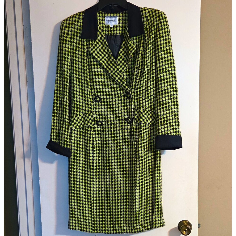 Antonia Collection Women's 8 Houndstooth Green/Black Lined Button Dress